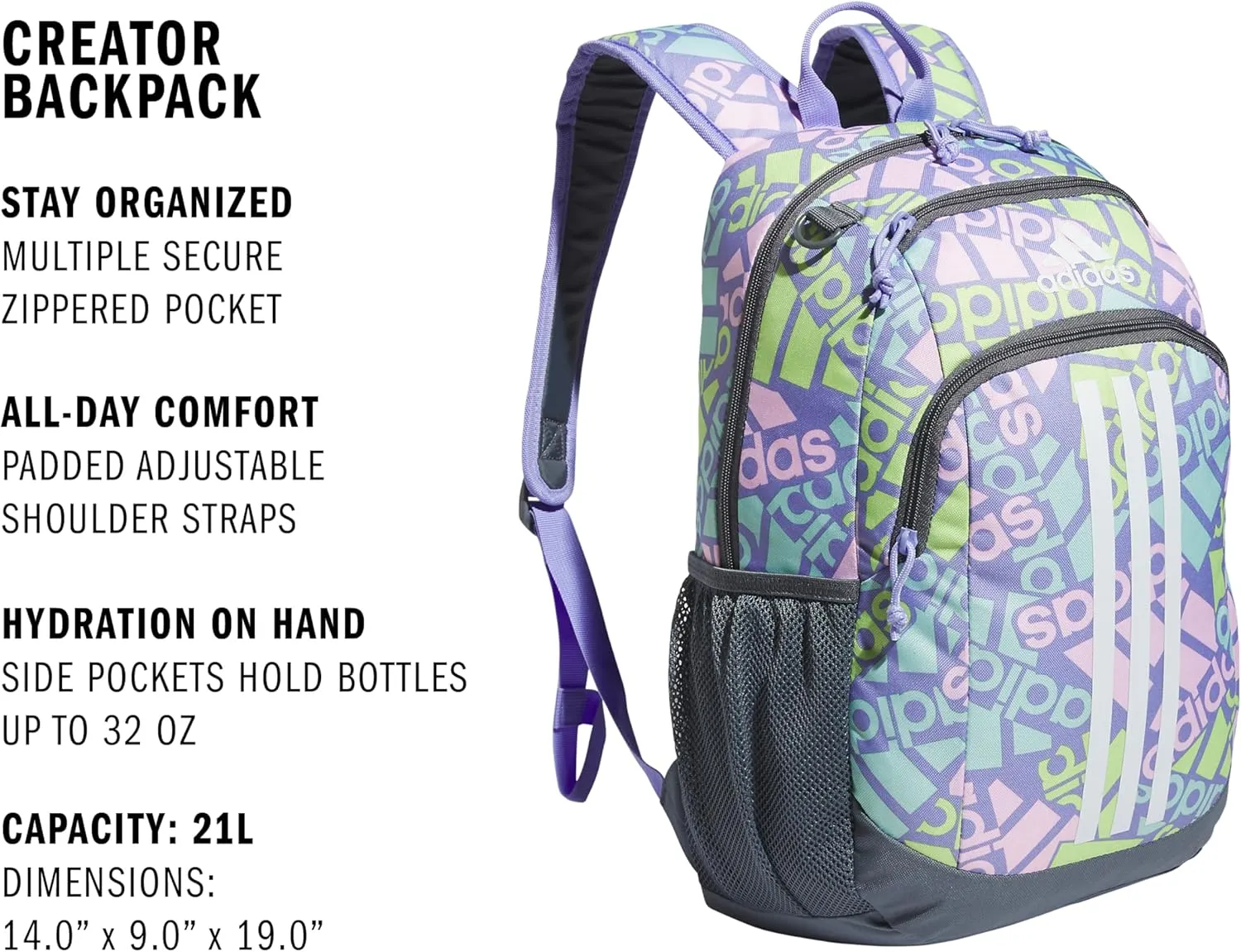 adidas Creator Laptop Backpack for Women and Men, Comfortable and Durable Small Athletic Bag, Adi Multi Collage Light Purple/Onix Grey/White, One Size