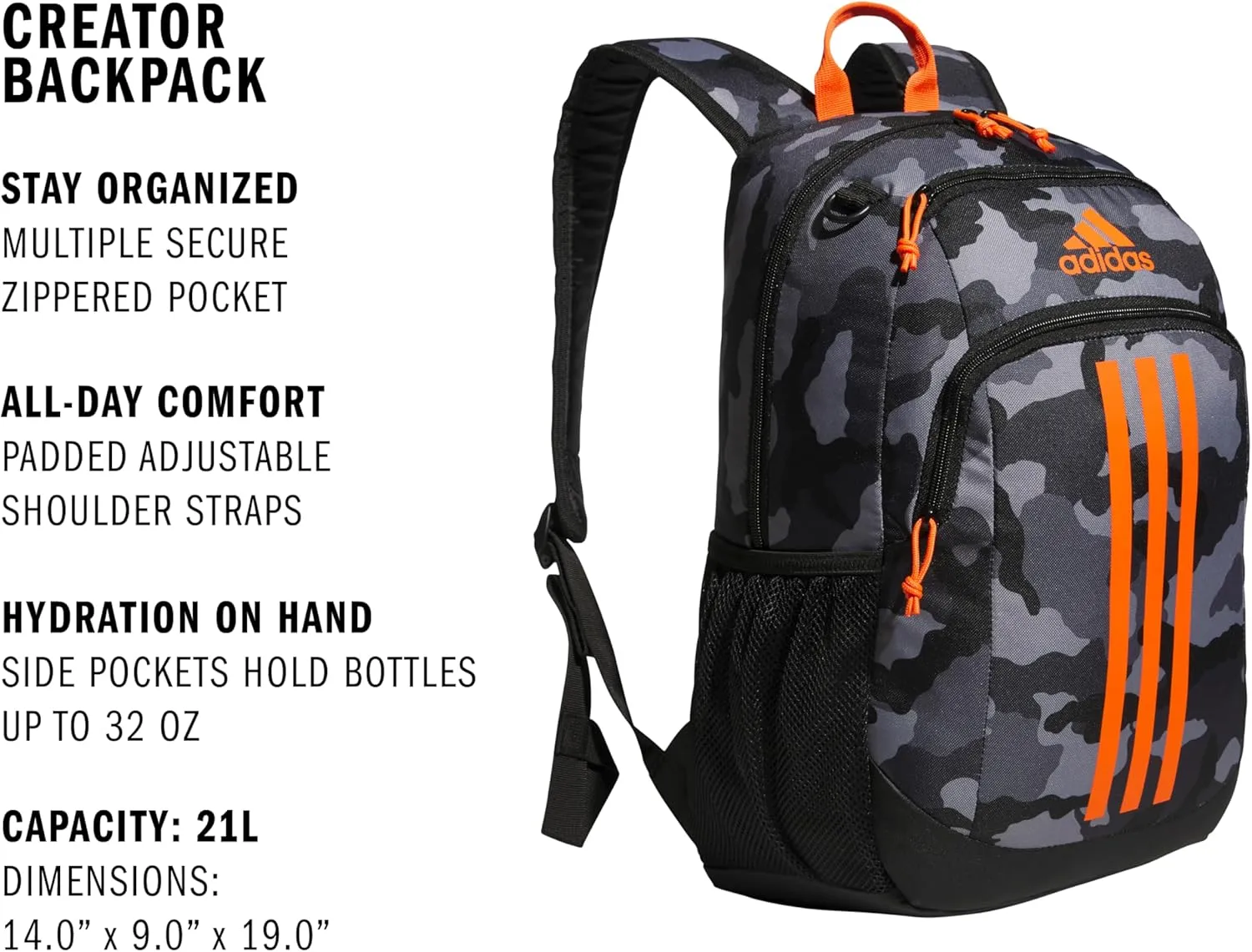 adidas Creator Laptop Backpack for Women and Men, Comfortable and Durable Small Athletic Bag, Camouflage Carbon/Black/Impact Orange, One Size