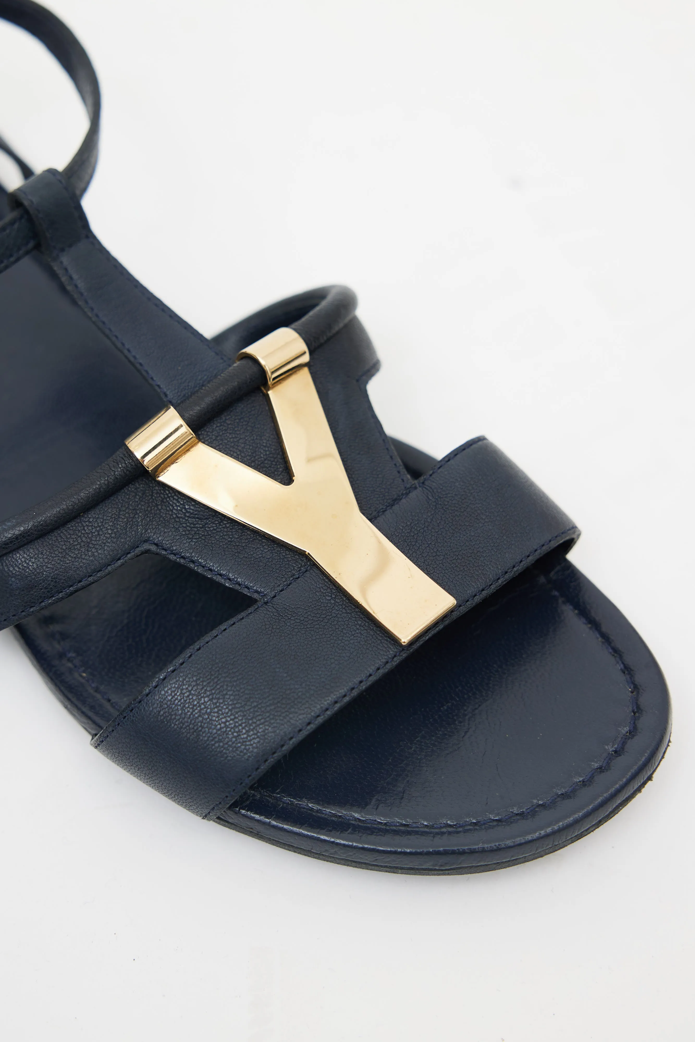 Navy Leather & Gold Tone Y Strappy Sandal