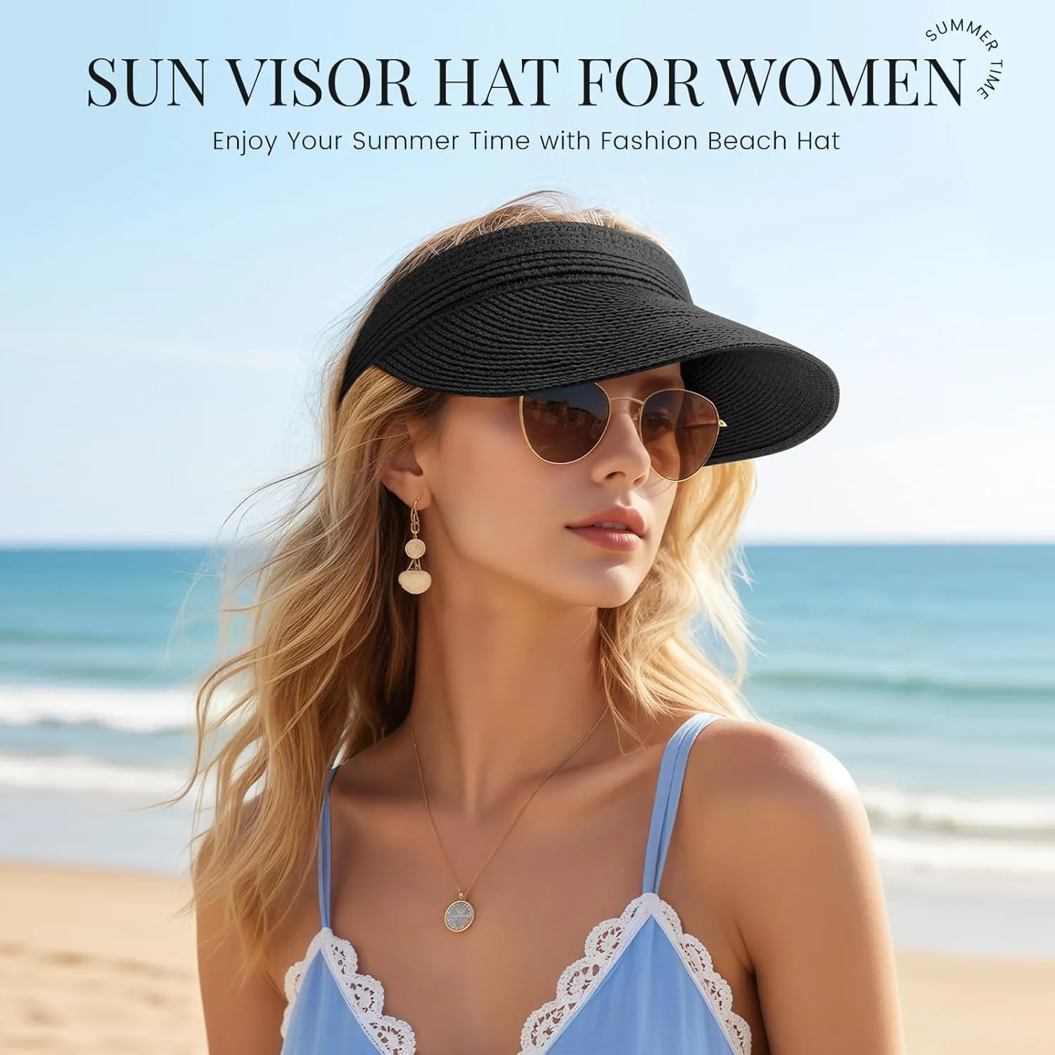 Sun Visor Hats for Women, Wide Brim Straw Beach Ponytail Hats, UPF 50  Summer Adjustable Packable Foldable Topless Hat