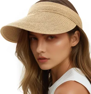 Sun Visor Hats for Women, Wide Brim Straw Beach Ponytail Hats, UPF 50  Summer Adjustable Packable Foldable Topless Hat