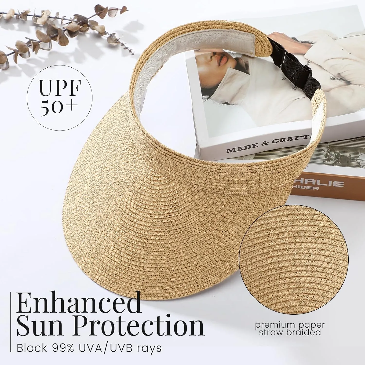Sun Visor Hats for Women, Wide Brim Straw Beach Ponytail Hats, UPF 50  Summer Adjustable Packable Foldable Topless Hat