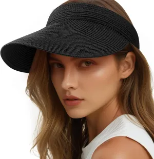 Sun Visor Hats for Women, Wide Brim Straw Beach Ponytail Hats, UPF 50  Summer Adjustable Packable Foldable Topless Hat