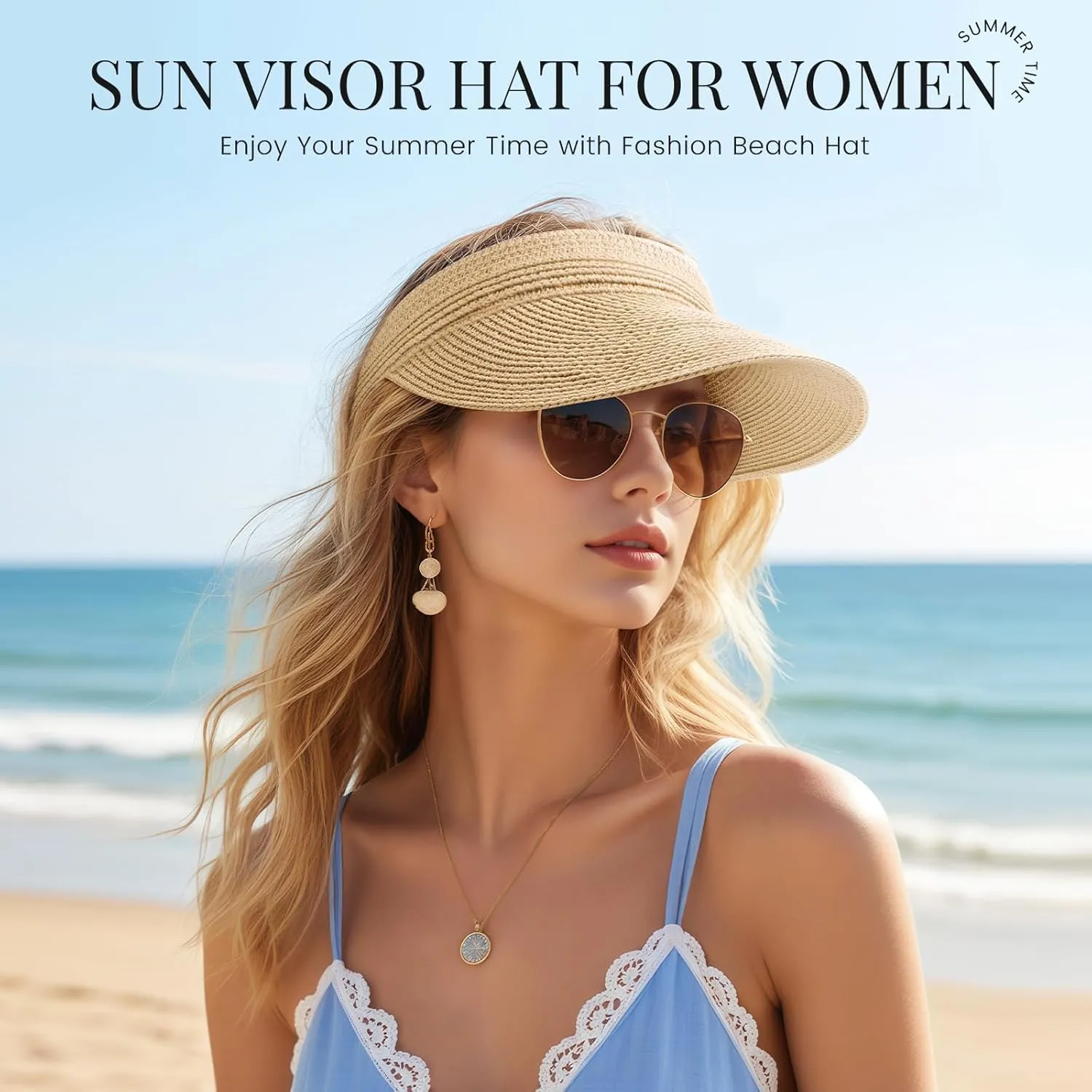 Sun Visor Hats for Women, Wide Brim Straw Beach Ponytail Hats, UPF 50  Summer Adjustable Packable Foldable Topless Hat