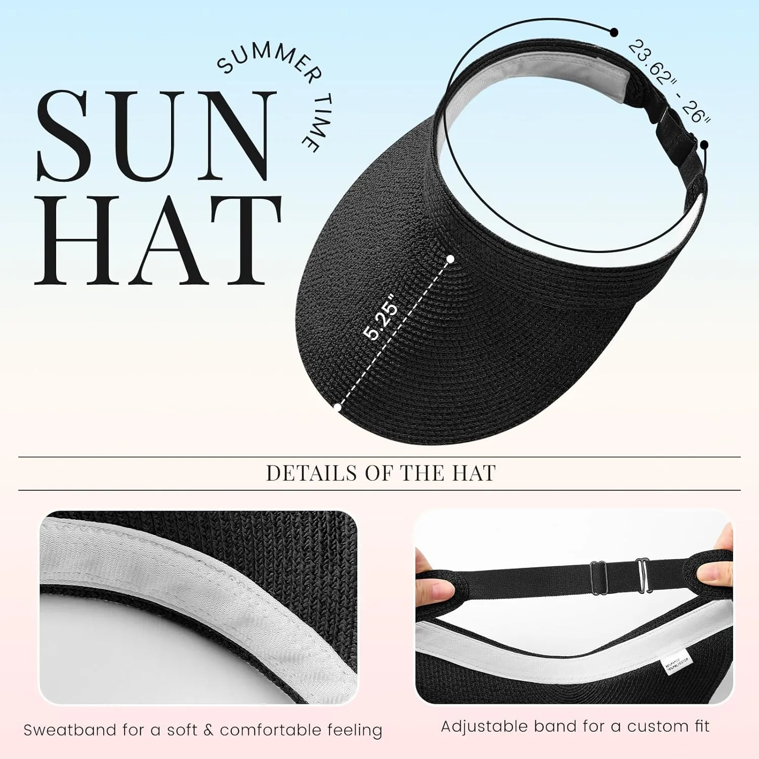 Sun Visor Hats for Women, Wide Brim Straw Beach Ponytail Hats, UPF 50  Summer Adjustable Packable Foldable Topless Hat