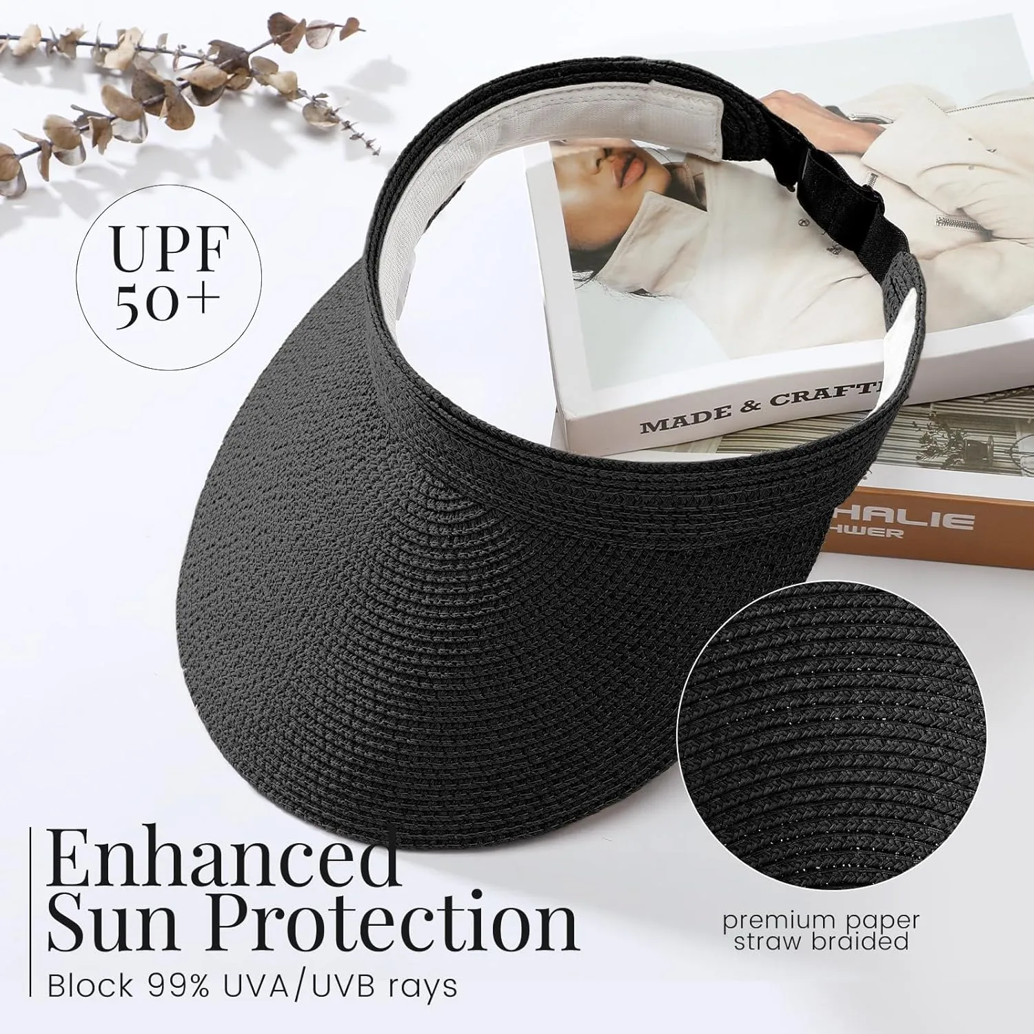 Sun Visor Hats for Women, Wide Brim Straw Beach Ponytail Hats, UPF 50  Summer Adjustable Packable Foldable Topless Hat