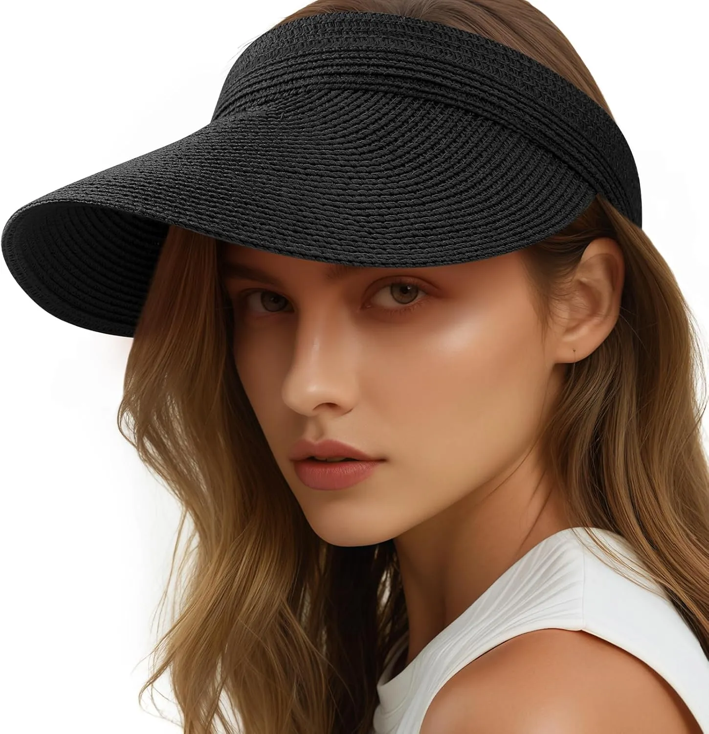 Sun Visor Hats for Women, Wide Brim Straw Beach Ponytail Hats, UPF 50  Summer Adjustable Packable Foldable Topless Hat