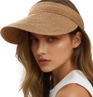 Sun Visor Hats for Women, Wide Brim Straw Beach Ponytail Hats, UPF 50  Summer Adjustable Packable Foldable Topless Hat