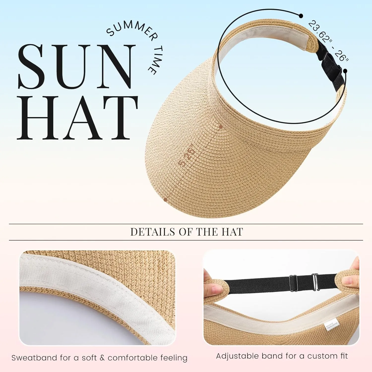 Sun Visor Hats for Women, Wide Brim Straw Beach Ponytail Hats, UPF 50  Summer Adjustable Packable Foldable Topless Hat